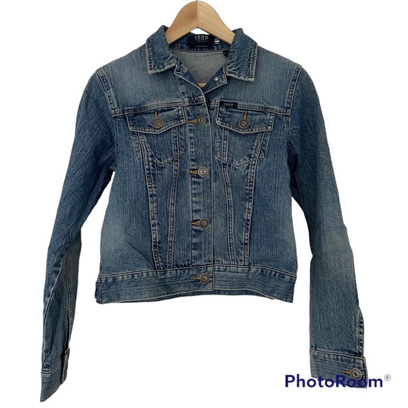 IZOD BLUE LIGHT WASH STRETCH DENIM JACKET, PETITE SMALL - Picture 1 of 14